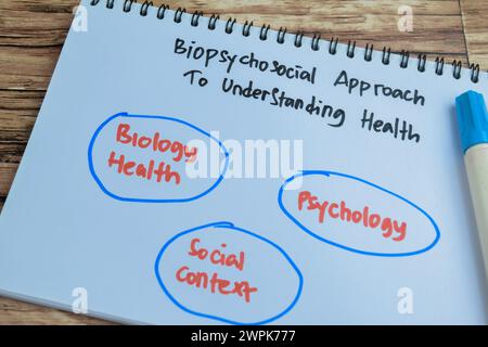 Konzept des biopsychosozialen Ansatzes zum Verständnis von Gesundheit schreiben auf Buch mit Schlüsselwörtern isoliert auf Holztisch. Stockfoto