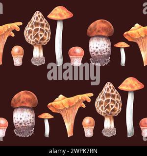 Nahtloses Herbstmuster mit Waldpilzen auf dem Hintergrund. Für Stoffe, Verpackungspapier, Druck, Design Stockfoto
