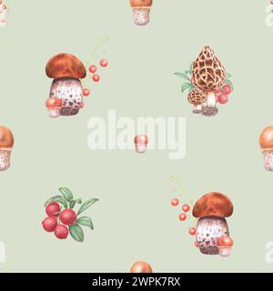 Nahtloses Herbstmuster mit Pilzen und Beeren auf dem Hintergrund. Für Stoffe, Verpackungspapier, Druck, Design Stockfoto
