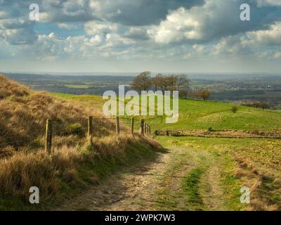 Der Fußweg, der zum Lansdowne Monument und Cherhill White Horse führt, bietet einen spektakulären Blick auf die umliegende Landschaft von Wiltshire. B Stockfoto