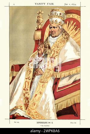 Vintage-Stich von Papst Pius IX. Das Unfehlbare. Von Vanity Fair1869. Chromolithographie. Leiter der katholischen Kirche vom 16. Juni 1846 bis zu seiner Urkunde Stockfoto