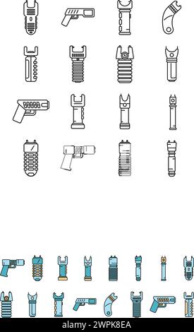 Taser-Symbole legen den Konturvektor fest. Polizeigewehr. Sicherheitsstäuben-Elektroschock-Farblinie isoliert Stock Vektor