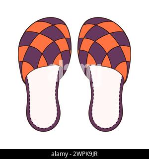 Hausschuhe im Cartoon-Stil. Schuhe für Damen und Herren. Handgezeichnetes Logo für Webdesign, Schuhladen. Vektorabbildung isoliert auf einem weiß Stock Vektor