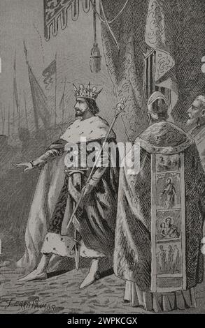 Peter III. Von Aragonien (1240-1285), der so genannte „der große“. König von Aragon, Valencia (als Peter I.) und Graf von Barcelona (als Peter II.). Krönung von Pedro III. Von Aragon in Saragossa im November 1276. Stich von Serra Pausas. „Glorias Españolas“ (Glorias von Spanien). Band II Veröffentlicht in Barcelona, 1890. Autor: Joan Serra Pausas (aktiv 1861-1902). Stockfoto