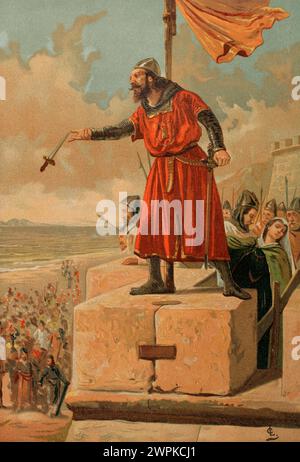 Alonso Pérez de Guzmán, genannt Guzmán el Bueno (Guzman der Gute) (1256–1309). Leoneser Militär und Adliger, Gründer des Hauses Medina Sidonia. Erster Herr von Sanlúcar de Barrameda. Guzmán der Gute wirft während der Belagerung von Tarifa 1296 seinen Dolch auf die Muslime. Chromolithographie. „Glorias Españolas“ (Glorias von Spanien). Band II Veröffentlicht in Barcelona, 1890. Stockfoto