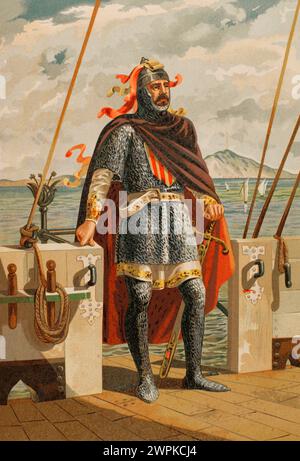 Roger von Lauria (1245-1305). Italienische Marine und Militär im Dienst der Krone von Aragon als Admiral der Flotte des Königreichs. Hochformat. Chromolithographie. „Glorias Españolas“ (Glorias von Spanien). Band II Veröffentlicht in Barcelona, 1890. Stockfoto