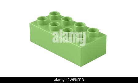 Pistaziengrüner Lego-Block aus Kunststoff isoliert auf weißem Hintergrund. Kinderspielzeugziegel, Perspektivische Ansicht. Nahansicht eines Spielblocks für Konstrukteur Stockfoto