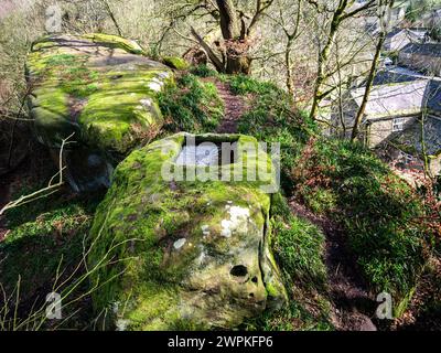 Steinrinne in Rowtor Rocks oberhalb des Druid Inn Birchover Derbyshire, das im 17. Jahrhundert von dem örtlichen Vikar und Druiden Reverend Thomas Eyre geschaffen wurde Stockfoto