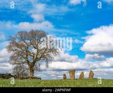 Die vier verbleibenden Steine der Bronzezeit Nine Stones schließen sich am Harthill Moor bei Birchover im Derbyshire Peak District Stockfoto