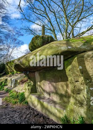 Rowtor Rocks ist ein natürlicher Torist von Millstone Grit unterhalb von Birchover Derbyshire, der im 17. Jahrhundert durch den örtlichen Vikar und Druiden Reverend Thomas Eyre verändert wurde Stockfoto