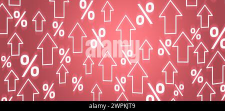 Pfeile und Prozentzeichen, die über rotes Hintergrundbanner die globale Inflation veranschaulichen. Finanzkrise Geschäftsmarkt. Währungsrisiko. Stockfoto