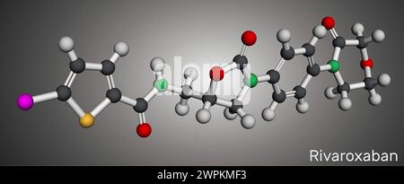 Rivaroxaban-Molekül. Es ist ein Antikoagulans und der oral aktive direkte Faktor-Xa-Inhibitor. Molekulares Modell. 3D-Rendering. Abbildung Stockfoto