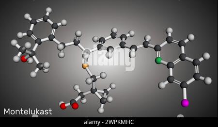 Montelukast-Arzneimittelmolekül. Es wird zur Behandlung von Asthma angewendet. Molekulares Modell. 3D-Rendering. Abbildung Stockfoto