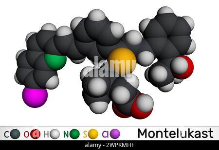 Montelukast-Arzneimittelmolekül. Es wird zur Behandlung von Asthma angewendet. Molekulares Modell. 3D-Rendering. Abbildung Stockfoto
