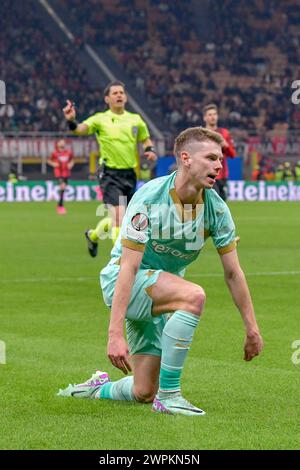 Mailand, Italien. März 2024. David Doudera (21) von Slavia Prag, der beim Spiel der UEFA Europa League zwischen AC Mailand und Slavia Prag in San Siro in Mailand zu sehen war. (Foto: Gonzales Photo/Alamy Live News Stockfoto