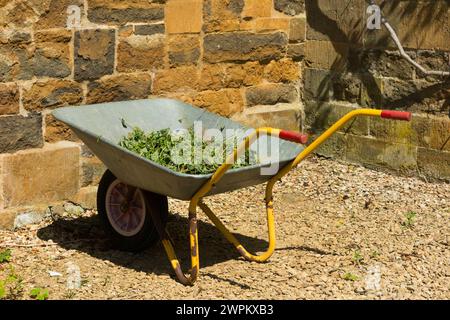 Wheel barrow im formellen Ladies Garden hinter dem Broughton Castle; am Sommertag mit Wassergraben versehenes Herrenhaus Nr Banbury, Oxfordshire. UK. (134) Stockfoto