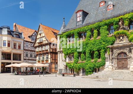 Marktplatz mit Rathaus, Quedlinburg, Harz, Sachsen-Anhalt, Deutschland, Europa Stockfoto