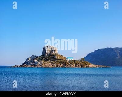 Kastri Island vom Strand Agios Stefanos, Kamari Bay, Kos Island, Dodekanese, griechische Inseln, Griechenland, Europa Stockfoto