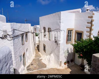 Straße von Patmos Chora, Patmos Island, Dodekanese, griechische Inseln, Griechenland, Europa Stockfoto