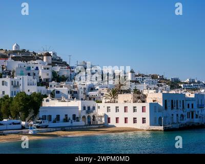 Chora Waterfront, Mykonos Town, Mykonos Island, Kykladen, Griechische Inseln, Griechenland, Europa Stockfoto