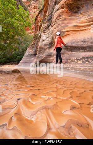 Ein Mädchen, das die wunderschönen Felsformationen im Zion-Nationalpark an einem Sommertag in Utah, USA, Nordamerika bewundert Stockfoto