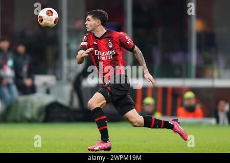 Mailand, Italien. März 2024. Christian Pulisic (AC Mailand) im Spiel der UEFA Europa League zwischen AC Mailand und Slavia Praga im San Siro Stadion in Mailand (Norditalien) - Donnerstag, den 07. März 2024. Sport - Fußball . (Foto: Spada/LaPresse) Credit: LaPresse/Alamy Live News Stockfoto