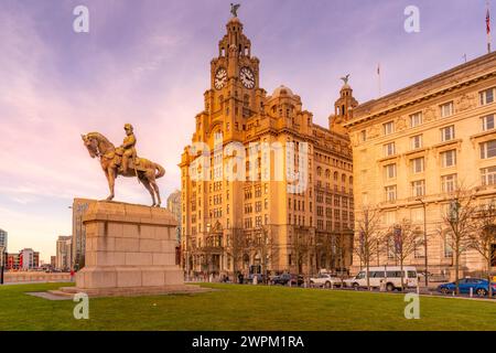 Blick auf das Royal Liver Building, Liverpool City Centre, Liverpool, Merseyside, England, Vereinigtes Königreich, Europa Stockfoto