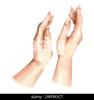 Hände einer weißen Frau, Seitenansicht der Handflächen, wischen, reiben, umarmen sich. Handgezeichnete Aquarellillustration. Vom Hintergrund isolierte Elemente. Stockfoto