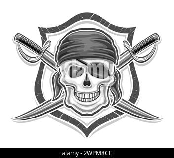 Vektor-Logo für Piratenschädel, dekoratives Poster mit Illustration des bösen lächelnden Piratenschädels in grauem Bandana und gekreuztem Schwert für Esport-Team, Ma Stock Vektor