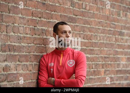 Oriam Sports Centre Edinburgh.Scotland.UK. 9. März 24 Hearts Press Conference for Scottish Cup Tie vs Morton Jorge Grant of Hearts Credit: eric mccowat/Alamy Live News Stockfoto