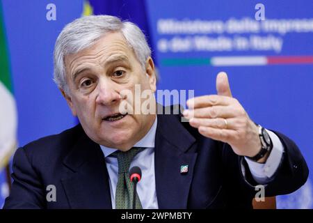 Roma, Italien. März 2024. IL ministro degli Esteri Antonio Tajani durante la riunione della Cabina di regia per l'internazionalizzazione al Ministero delle Imprese a Roma, Venerd&#xec;, 8 marzo 2024 (Foto Roberto Monaldo/LaPresse) Außenminister Antonio Tajani während der Sitzung des Kontrollraums für Internationalisierung im Unternehmensministerium in Rom am Freitag, März 2024 (Foto: Roberto Monaldo/LaPresse) Credit: LaPresse/Alamy Live News Stockfoto