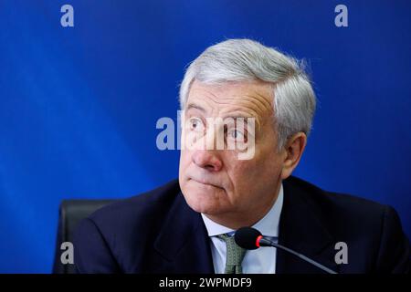 Roma, Italien. März 2024. IL segretario di Forza Italia Antonio Tajani durante la conferenza stampa nella sede del partito a Roma, Venerd&#xec;, 8 marzo 2024 (Foto Roberto Monaldo/LaPresse) Forza Italia Sekretär Antonio Tajani während der Pressekonferenz im Parteisitz in Rom, Freitag, 8. März 2024 (Foto: Roberto Monaldo/LaPresse) Credit: LaPresse/Alamy Live News Stockfoto