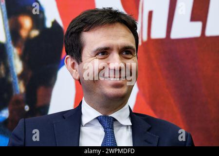 Roma, Italien. März 2024. Alessandro Cattaneo durante la conferenza stampa nella sede del partito a Roma, Venerd&#xec;, 8 marzo 2024 (Foto Roberto Monaldo/LaPresse) Alessandro Cattaneo während der Pressekonferenz in Rom, Freitag, 8. März 2024 (Foto: Roberto Monaldo/LaPresse) Credit: LaPresse/Alamy Live News Stockfoto