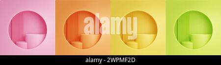 Podium für Produktpräsentation und Promotion hinter rundem Fenster. Realistische 3D-Vektor-Vorlage mit zweistufiger zylindrischer Plattform außerhalb der Bohrung in Stock Vektor