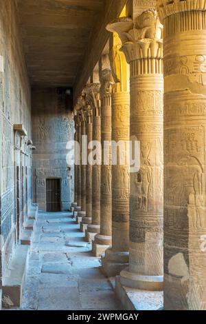 altägyptische Schnitzereien auf Säulen im Philae-Tempel in Assuan, Ägypten Stockfoto