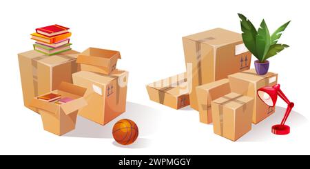 Pappschachteln mit Hausrat isoliert auf weißem Hintergrund. Vektor-Karikaturillustration von Kartonverpackungen, Stapeln von Büchern, Ball, Blumentopf und La Stock Vektor