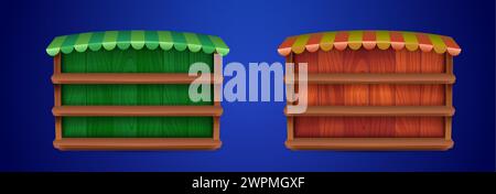 Schaufenstervorlage für das Design der spieloberflächen. Zeichentrickvektor-Illustration Set von leeren roten und grünen Holzschrank mit Regalen und Überdachung für mobile gui Stock Vektor