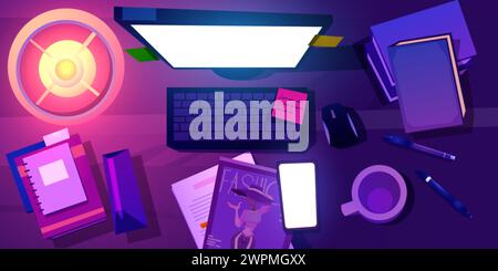 Ein unordentlicher Tisch mit Computer und Schreibwaren am Abend von oben. Cartoon-Vektor-Schreibtisch mit Büchern und Notizblöcken, Modemagazin und Handy in Licht Stock Vektor