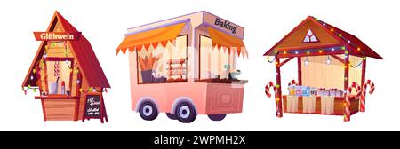 Essensstände auf dem Weihnachtsmarkt, isoliert auf weißem Hintergrund. Vektor-Karikaturillustration von Gluhwein und Süßigkeiten Geschäft, Bäckerei Anhänger, Menü Brett und Stock Vektor