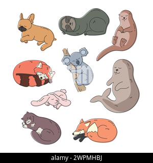 Set von niedlichen handgezeichneten verschiedenen schlafenden Tieren. Cartoon schläfrige Katze, Otter, Robbe, Koala, französische Bulldogge, Kaninchen, Fuchs, roter Panda und Faultier. Ve Stock Vektor