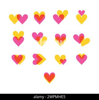 Buntes Herz-Symbol-Set. Zusammengeführte Herzen. Herz auf Herz. Flacher STYLE. Vektorabbildung Stock Vektor