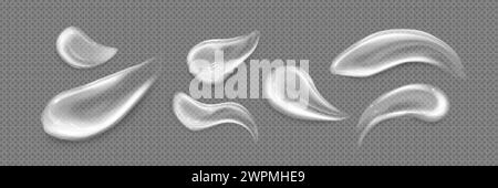 Weißes, durchscheinendes Creme- oder Lotionsmuster auf transparentem Hintergrund. Realistische Vektor-Illustration Set des kosmetischen Gelausstrichs Modell. Make-up oder Shampoo Stock Vektor