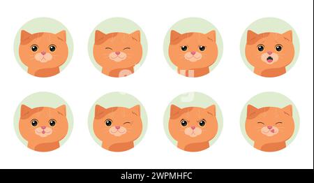 Set von Cartoon-Ingwertabby-Katzen mit verschiedenen Emotionen. Emotionale Katze. Vektorabbildung Stock Vektor