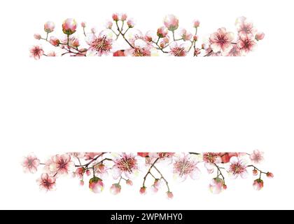 Ein blühender Zweig aus Springbaum handgezeichnet Aquarell-Sakura, japanische Kirsch- oder Apfelknospen und Blumen Illustration. Spring Time Clipart Template Stockfoto