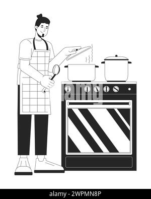 Abdeckung des Topfes mit Deckel während des Kochens der flachen schwarzen und weißen Zeichentrickgrafik Stock Vektor