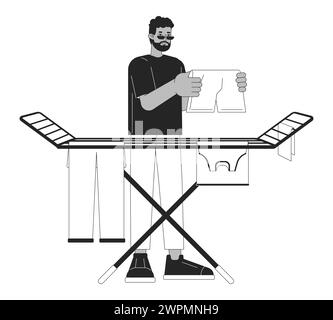 Lufttrocknende Kleidung auf Rack schwarz-weiß Cartoon flache Illustration Stock Vektor