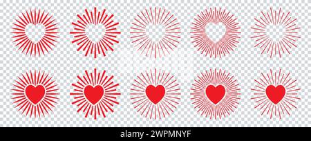 Sammlung von Herzformen auf dem transparenten Hintergrund von Sonnenstrahlen Stock Vektor