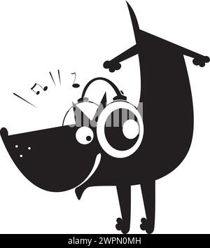 Zeichentrickhund, Kopfhörer. Zeichentrickhund mit Kopfhörern hört Musik. Original-Schwarz-weiß-Illustration Stock Vektor