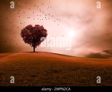 Herzförmiger Baum in einer Landschaft mit dramatischem Himmel und hoch aufragenden Vögeln [M] Stockfoto