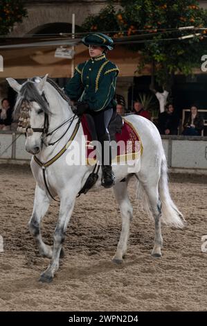 Las Caballerizas Reales de Cordoba (Königliche Ställe von Cordoba) Eine Reiterin in einer grünen Uniform zeigt ihre Reitkünste mit Stockfoto